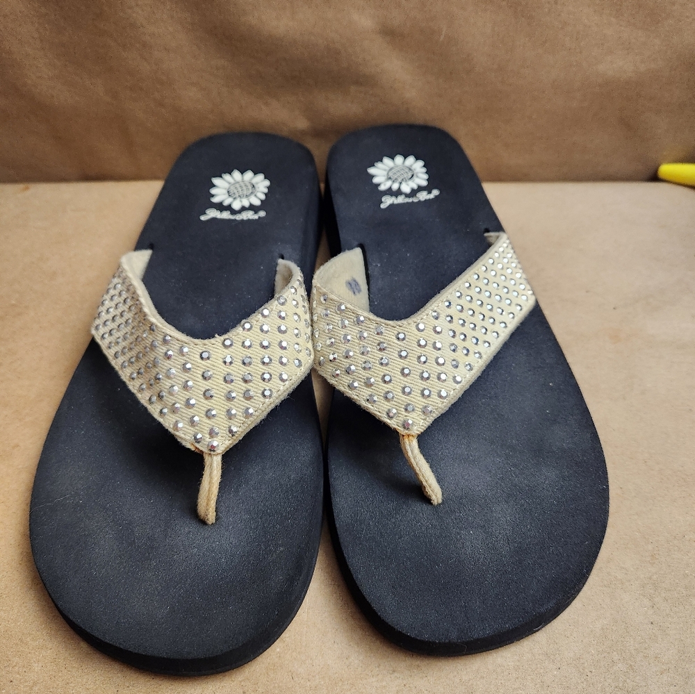 Yellow box flip flops  silver studded size 10